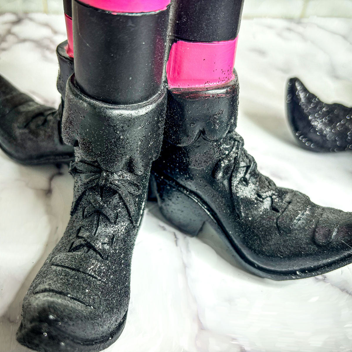 Witch Leg Pillar Candle Holder Halloween Decor Striped Boots Glitter BandsCo Straps