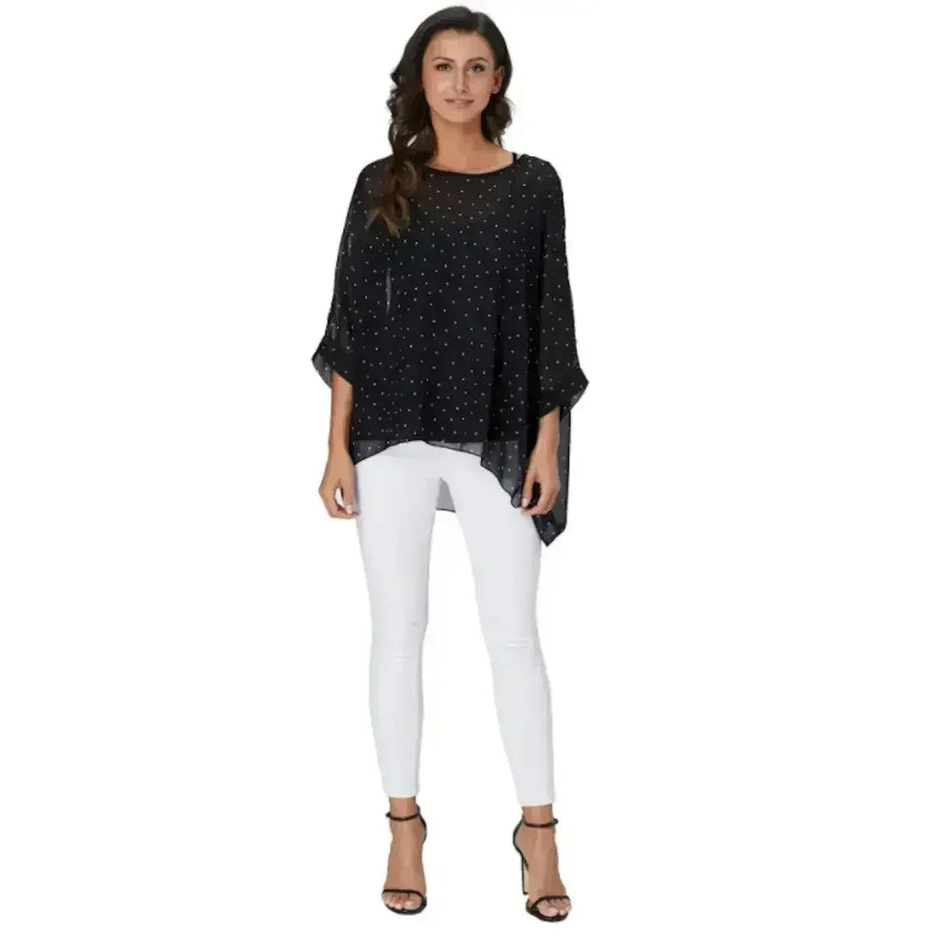 Black Polkadot Chiffon Tunic Top - Batwing Sleeves | Femstylo - SJB-DIAMOND ELITES