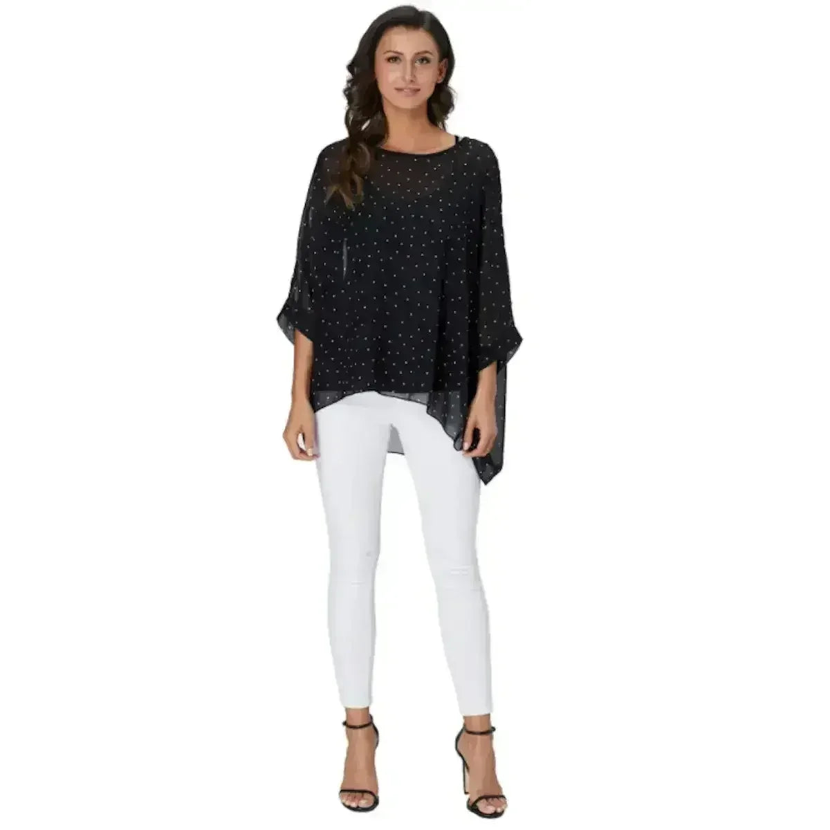 Black Polkadot Chiffon Tunic Top - Batwing Sleeves | Femstylo - SJB-DIAMOND ELITES