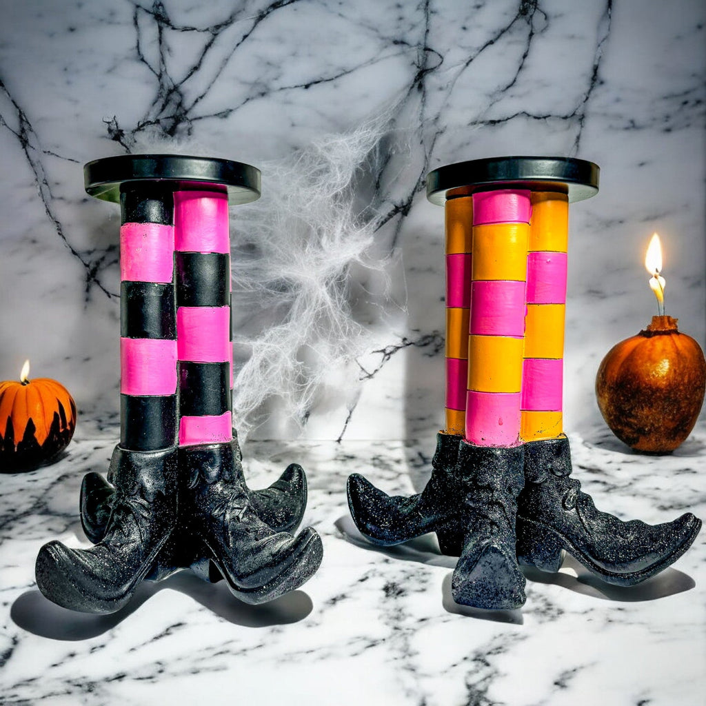 Witch Leg Pillar Candle Holder Halloween Decor Striped Boots Glitter BandsCo Straps