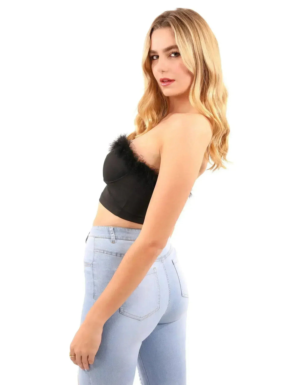 Fur Trim Crop Top | Sexy Black Top | Hook & Eye Back - SJB-DIAMOND ELITES