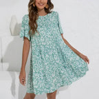 Floral A-Line Dress with Ruffle Sleeves - Spring Cotton Dress