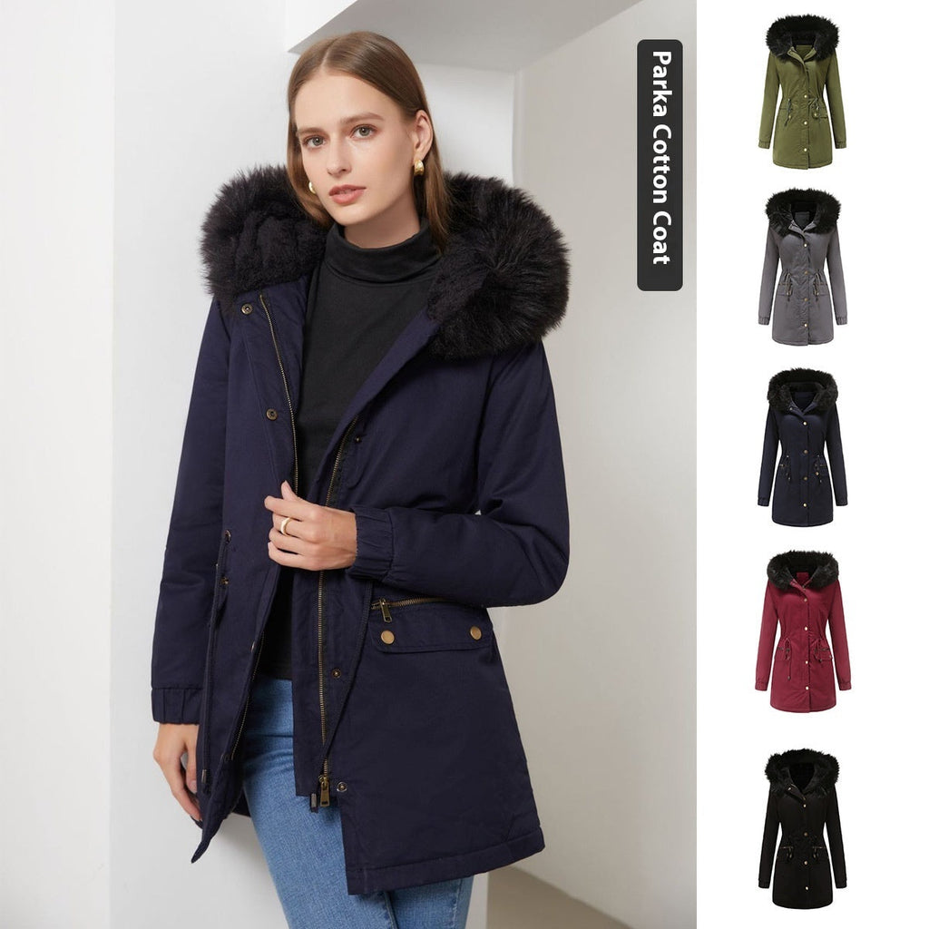 Women's Mid-length Fur Collar Coat Parker Cotton-padded Coat Pi-Mart