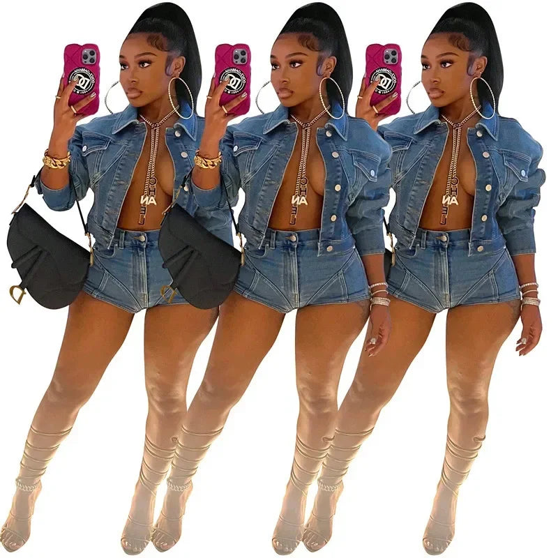 Women Two Piece Set Denim Shorts Sets Summer Matching Sets Outfit Trendy Button Turn Down Neck Jeans Top High Waist Trousers Purplish Diva