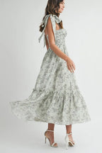 Floral Bust Ruched Midi Dress with Shoulder Tie For Women – Ruched Midi Dress For Summer, Floral Bust Dress, Shoulder Tie Dress, Feminine Midi Dress, Chic Event Dress