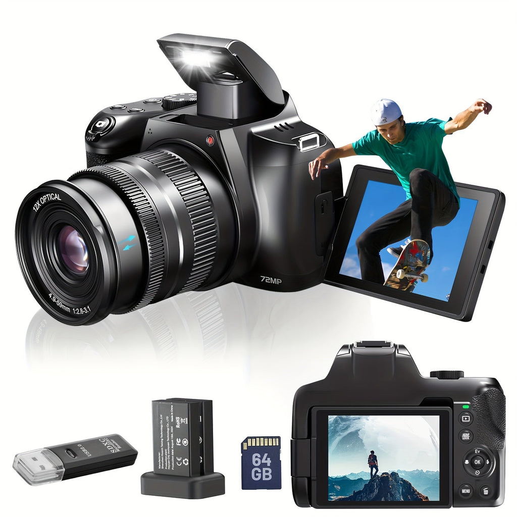 Cameras for Photography, 12X Optical Zoom 4K Digital Camera, 72MP Vlogging Camera with 270° Flip Screen, Battery, Battery Charger, 64GB SD Card, Card Reader Lootquake LLC