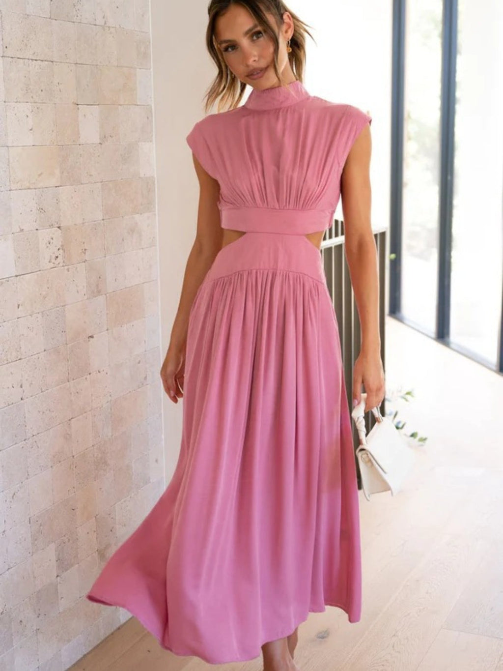 Modern Cutout Mock Neck Sleeveless Ruched Dress Elegant Dress For Women Stevvex