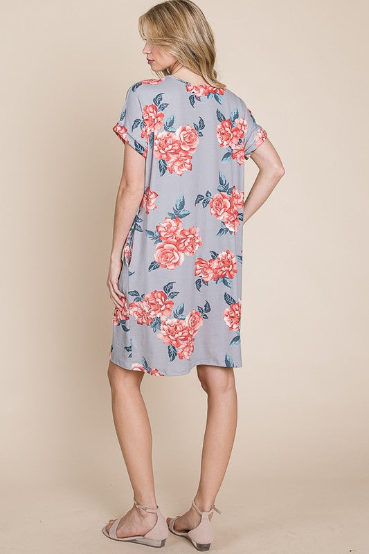 Floral Round Neck Short Tee Dress with Pockets For Women – Comfortable, Casual & Functional for Everyday Wear Stevvex
