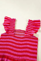 Rose Stripe Ruffle Strap Shirred Bodice Tiered Maxi Dress