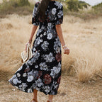 Floral Summer Beach Dress With V Neck Elastic Waist Dresses For Women Pi-Mart