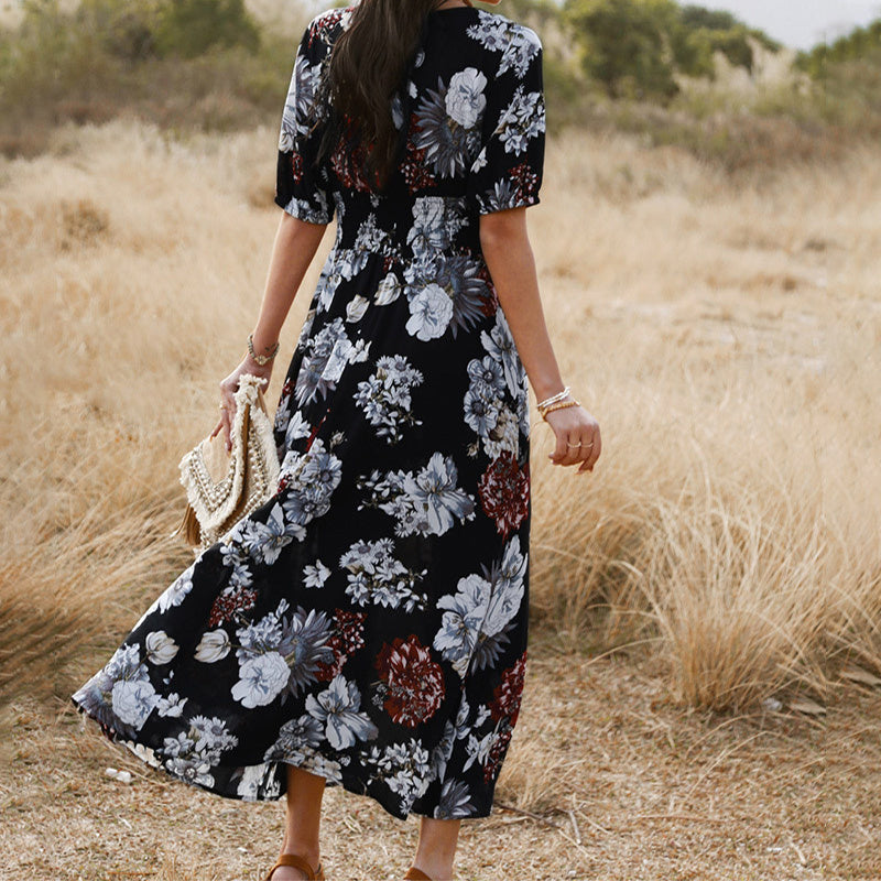 Floral Summer Beach Dress With V Neck Elastic Waist Dresses For Women Pi-Mart