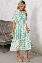 Multicolor Boho Floral Striped Tie V Neck Long Dress