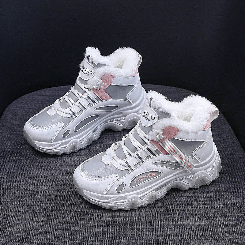 Fashion Black White Lace-up Sneakers Winter Warm All-match Plush Shoes Women Plus Velvet Fleece Flat High-top Sports Shoes Pi-Mart