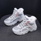 Fashion Black White Lace-up Sneakers Winter Warm All-match Plush Shoes Women Plus Velvet Fleece Flat High-top Sports Shoes Pi-Mart