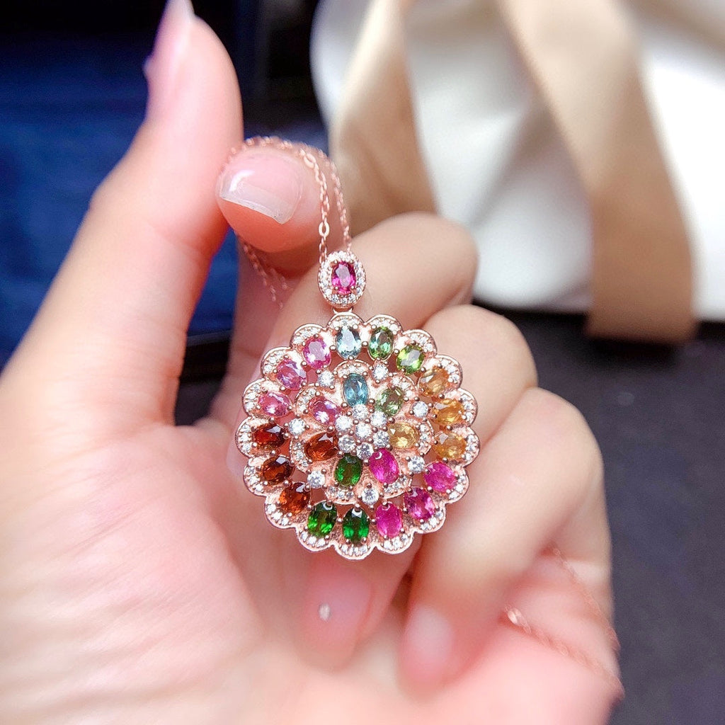 Natural Candy Rainbow Tourmaline Pendant Necklace Pi-Mart