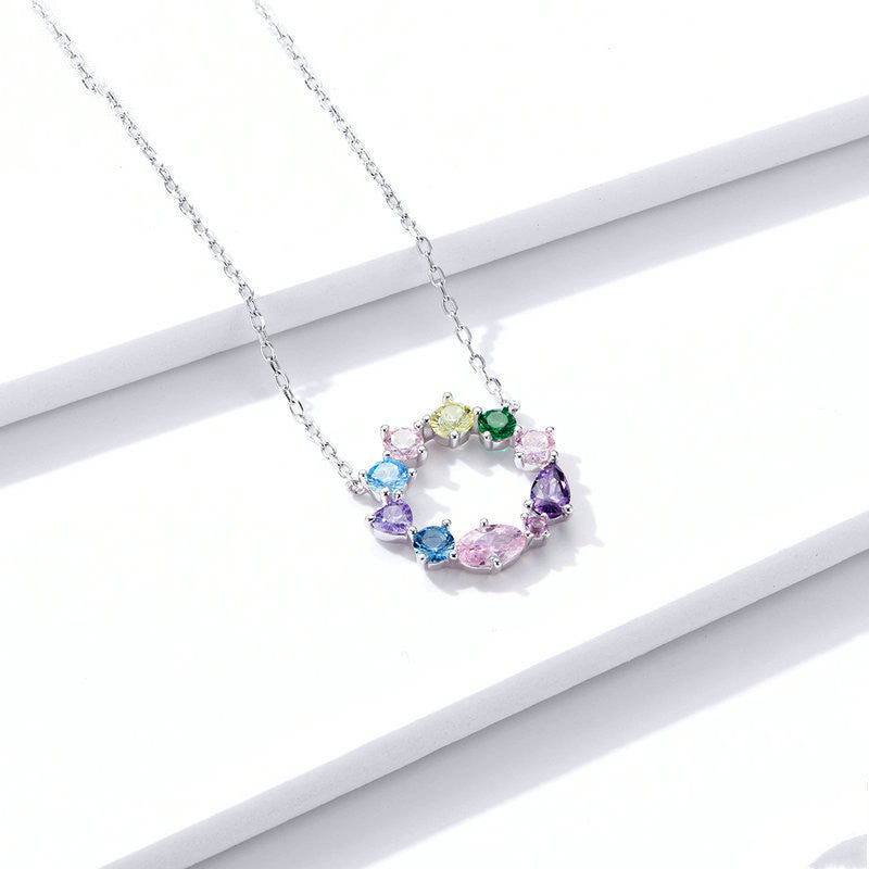 Silver Charm Original S925 Sterling Silver Colorful Wreath Necklace Pi-Mart