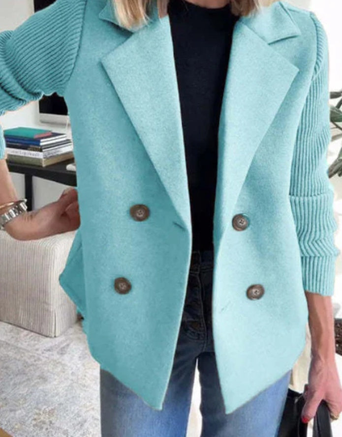 Double Breasted Lapel Jacket Fashion Knitted Sleeves Splicing Design Coat Outerwear Women's Clothing Pi-Mart