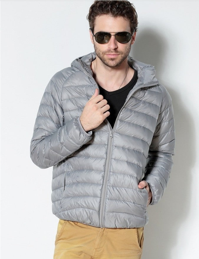 Men's Solid Color Hooded Striped Fashion Lightweight Down Jacket