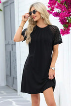Navy Blue Contrast Lace Raglan Sleeve Pleated Mini Dress