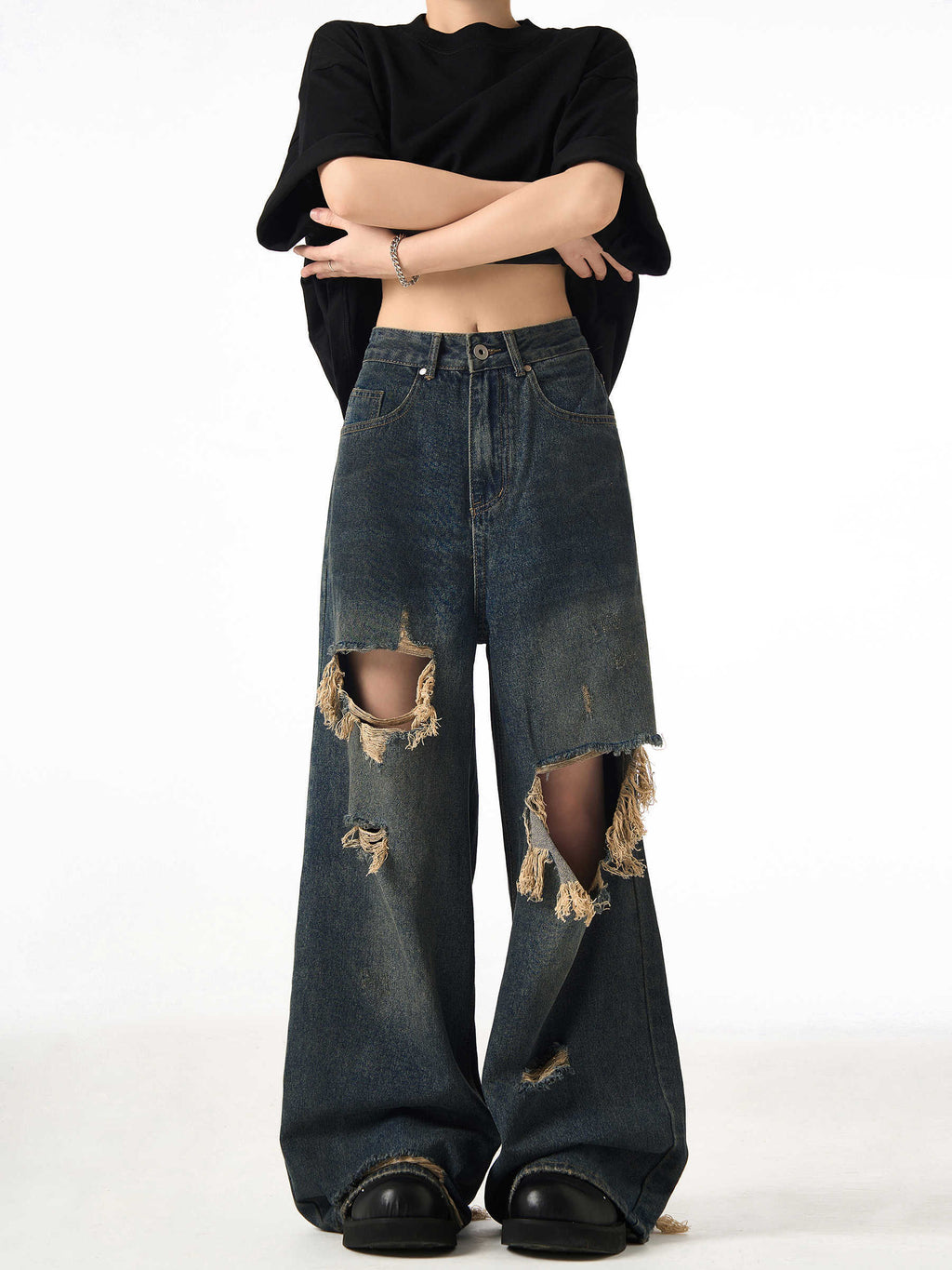 Couple Hole Worn Jeans Wide-leg Pants Lootquake LLC