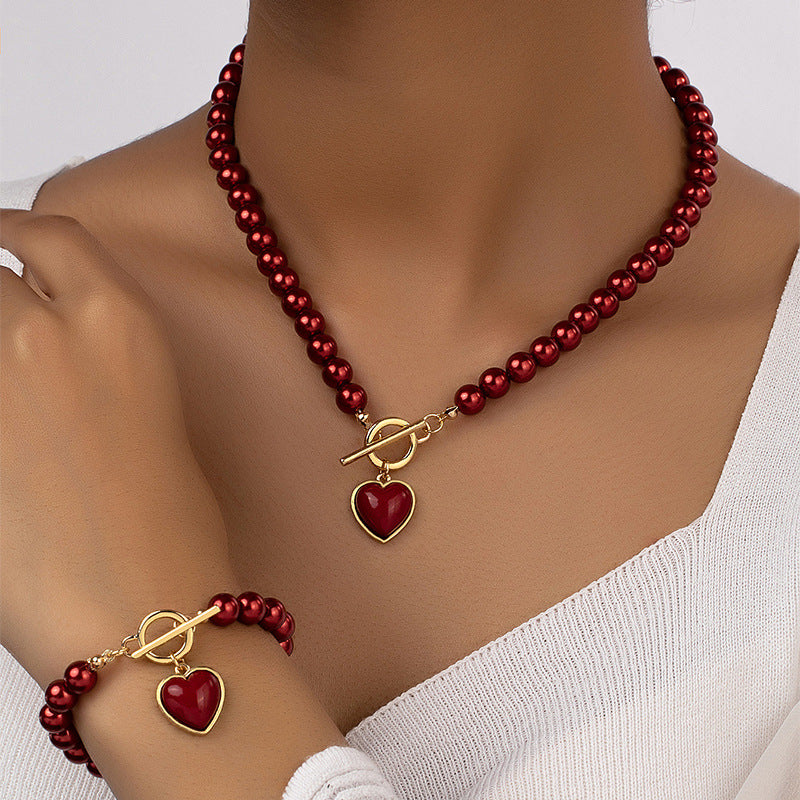 Pearl Bracelet And Necklace Set Female With Hearts Clavicle Chain Pi-Mart