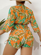 Island Bloom 3-Piece Bikini Set for Women – Tropical Leaf Print Fluttering Swimwear with Flattering Halter Neck Top High Waist Bottoms & Adjustable Drawstring Cover Up – Perfect for Koningsdag Celebrations & Summer Adventures