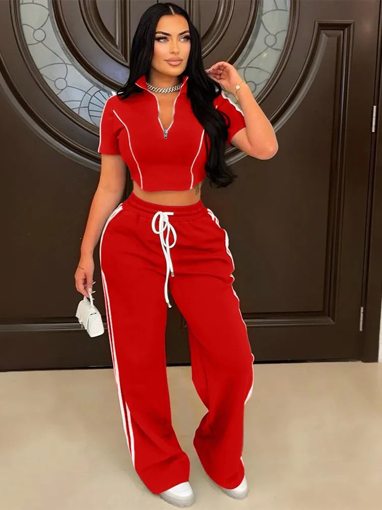 Fashion Casual Short Hoodie 2 Piece Women Summer Zipper Top Short Sleeved Sports T Shirt Stripe Splicing Long Pants Female Suit Purplish Diva