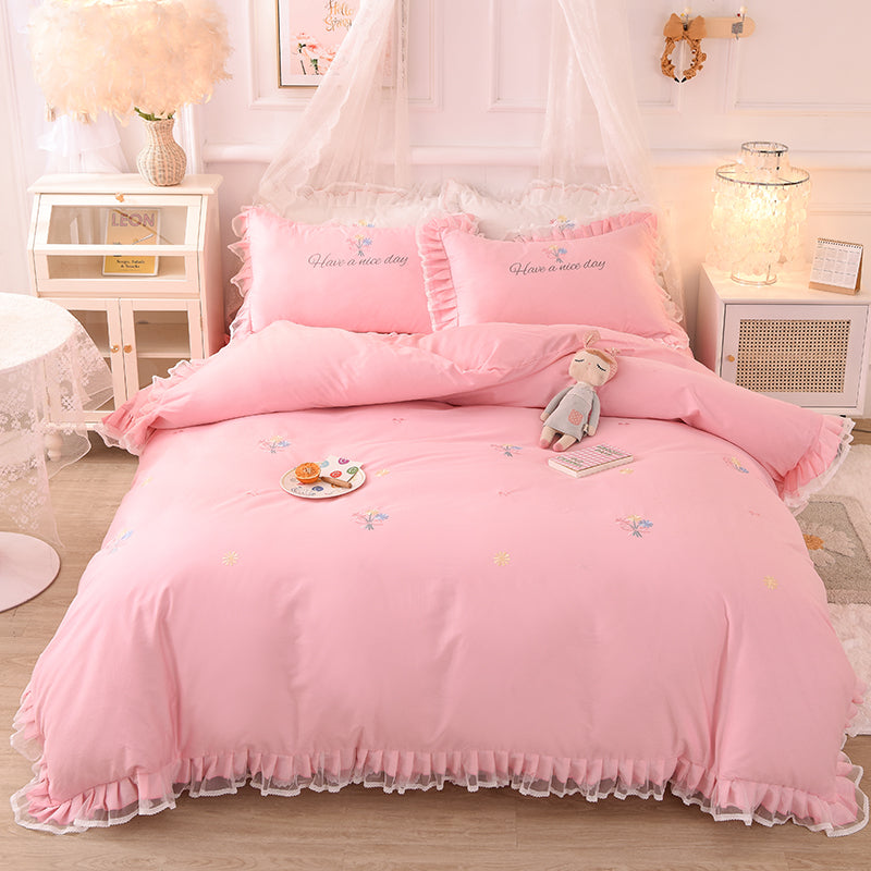 Summer Ruffled Cotton Four-piece Set Girl Heart Embroidery Flower Quilt Cover Pi-Mart