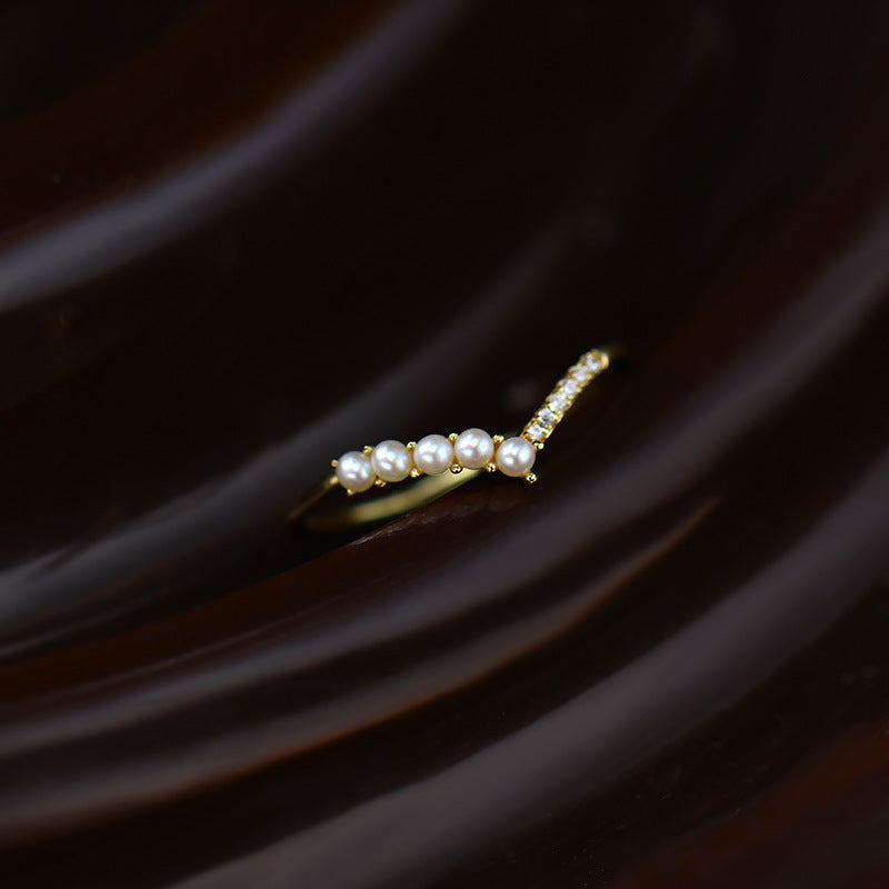 V-shaped Natural Pearl Zircon Ring Girl Pi-Mart