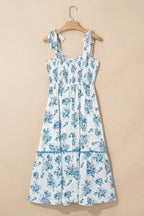Sky Blue Floral Print Smocked Knot Shoulder Sleeveless Midi Dress
