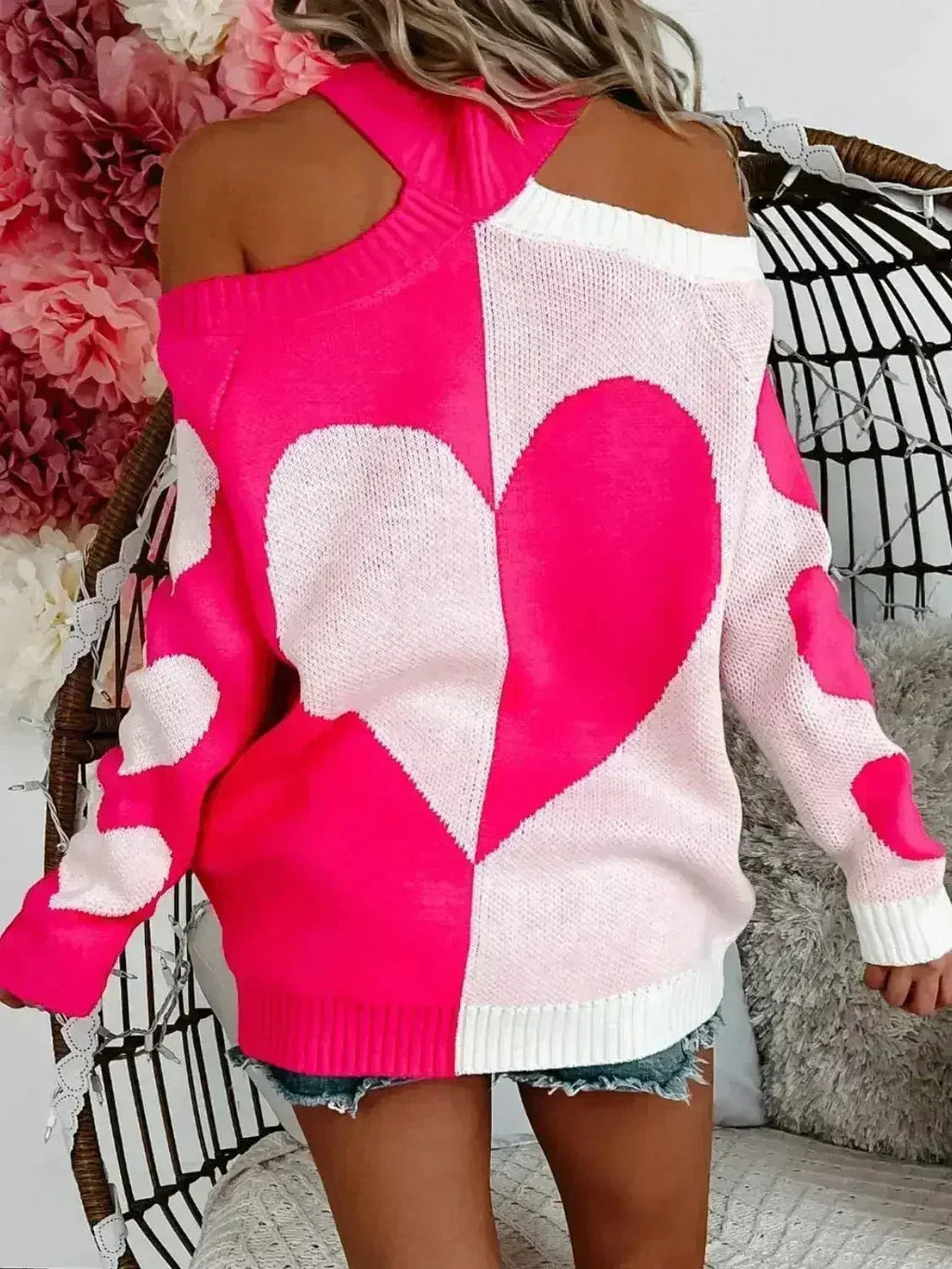 Valentine's Day Heart Turtleneck Cold Shoulder Sweater - SJB-DIAMOND ELITES