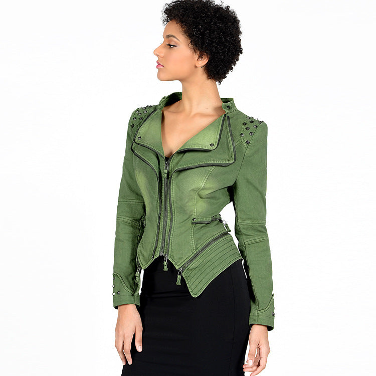 Women's Rivet Slim Washed Leather Motorcycle Jacket Pi-Mart