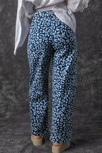 Blue Leopard Print Drawstring Waist Pocketed Wide Leg Jeans