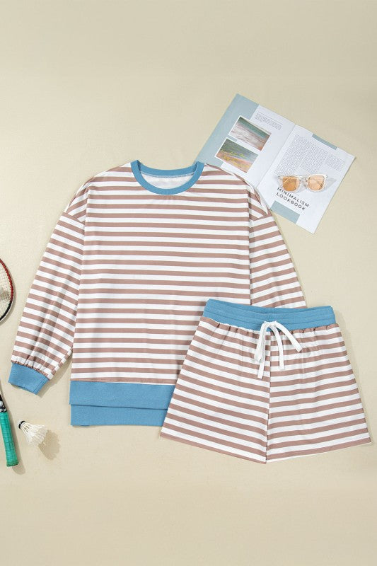 Plus Size Stripe Contrast Trim Pullover and Shorts