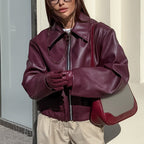 Solid Color Lapel Zipper Jacket Fashion Casual Long Sleeve Leather Coat Tops Women Clothing Pi-Mart