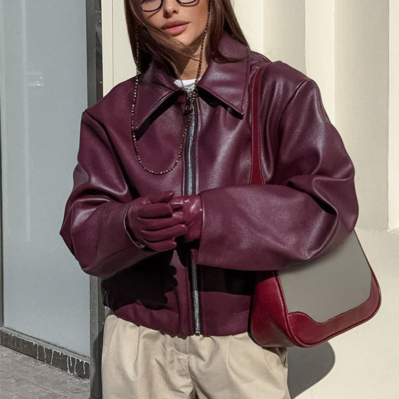 Solid Color Lapel Zipper Jacket Fashion Casual Long Sleeve Leather Coat Tops Women Clothing Pi-Mart