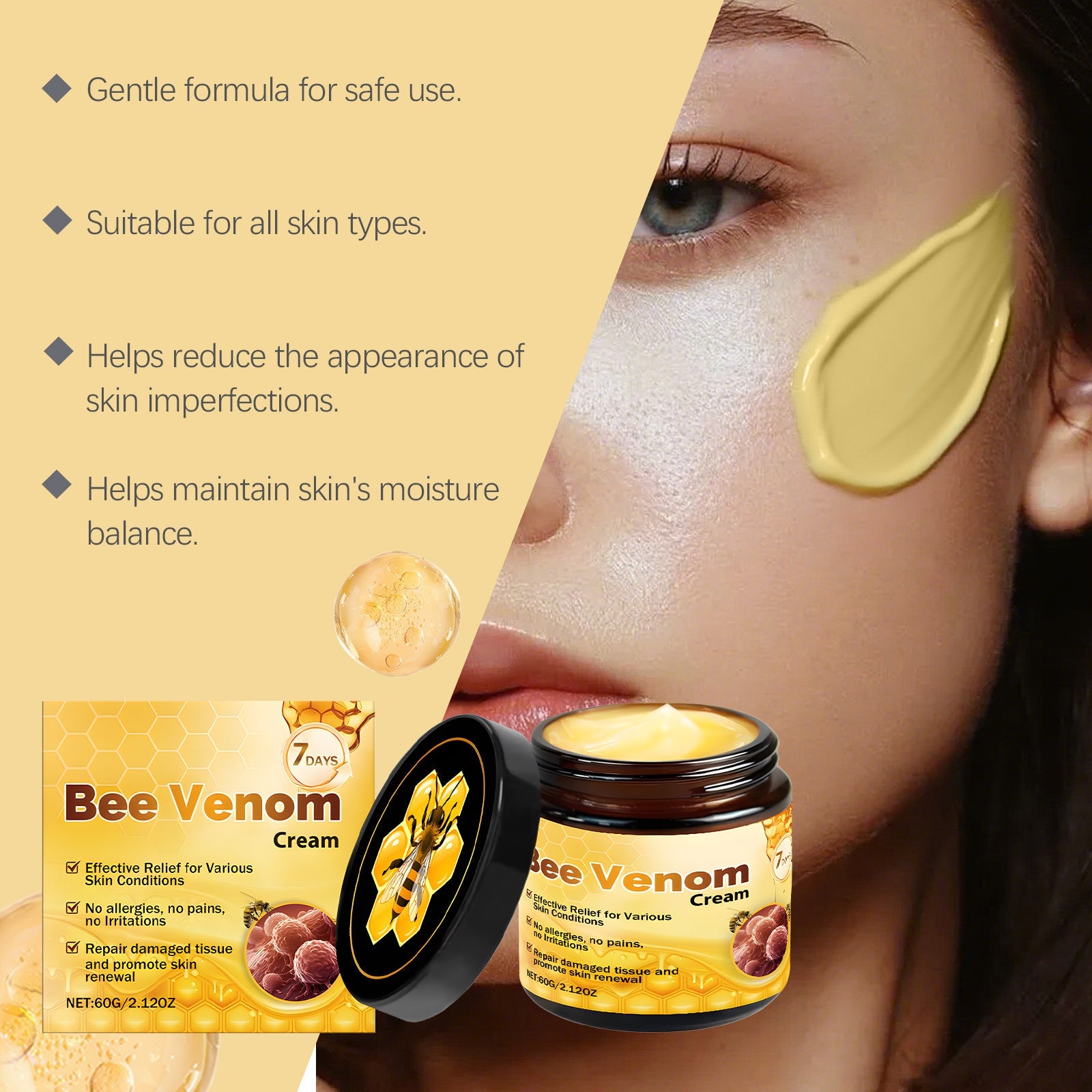AMZ Bee Venom Skin Care Cream Is Gentle, Moisturizing, Hydrating, Smooth And Delicate. It Is Suitable For Daily External Application And Skin Care Lootquake LLC