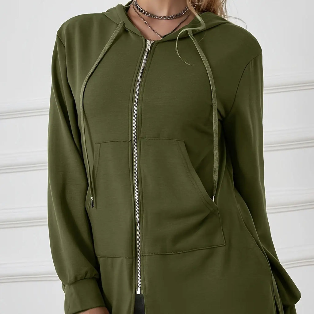 Women's Military Green Casual Sports Hooded Sweatshirt With Drawstring Zipper Jacket, Lightweight Top - SJB-DIAMOND ELITES