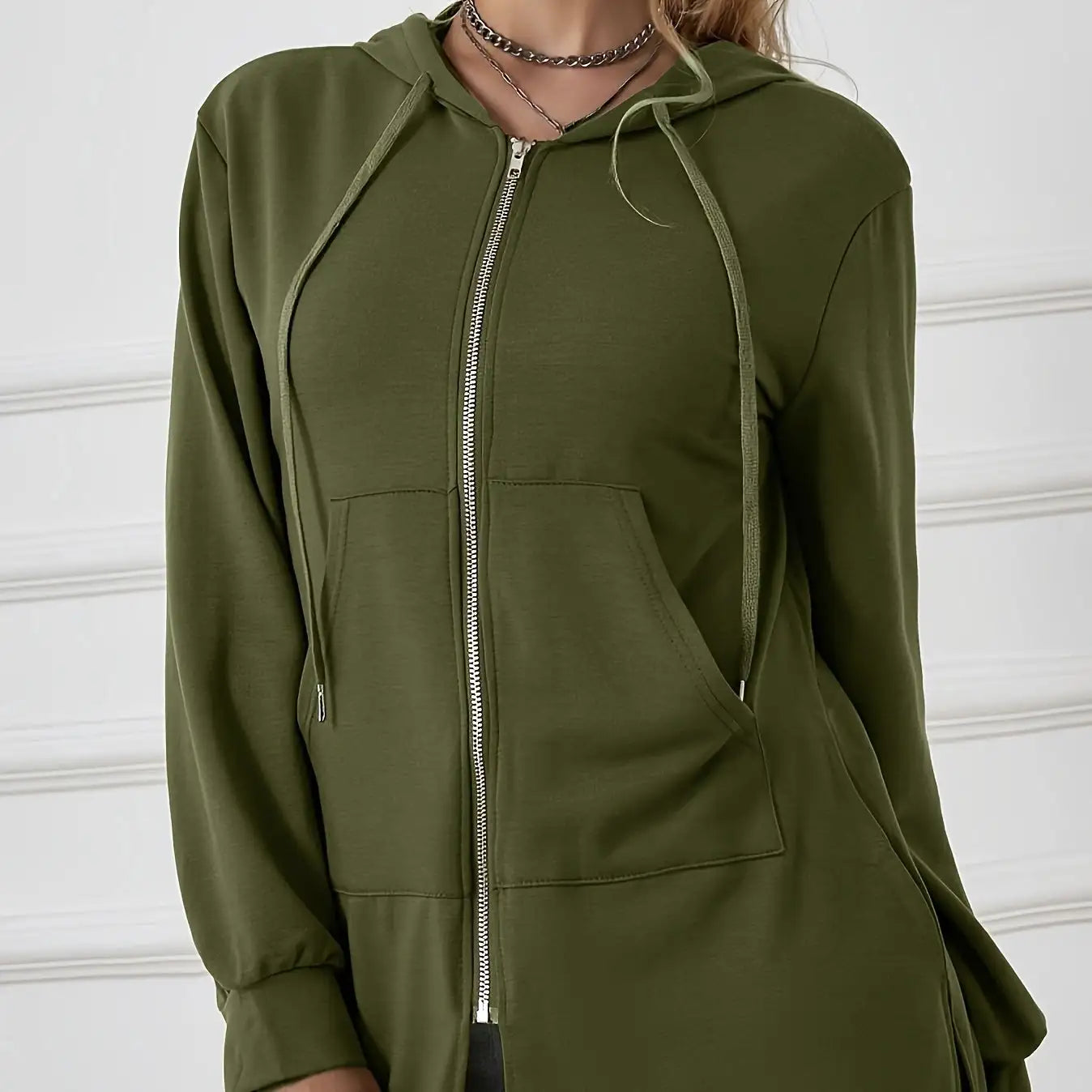 Women's Military Green Casual Sports Hooded Sweatshirt With Drawstring Zipper Jacket, Lightweight Top - SJB-DIAMOND ELITES