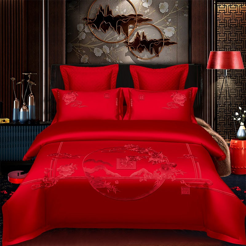 Red Wedding Four-piece Set Wholesale Cotton Wedding Embroidery Bedding Pure Cotton Marriage Bed Xi Quilt Cover Dragon And Phoenix Pi-Mart