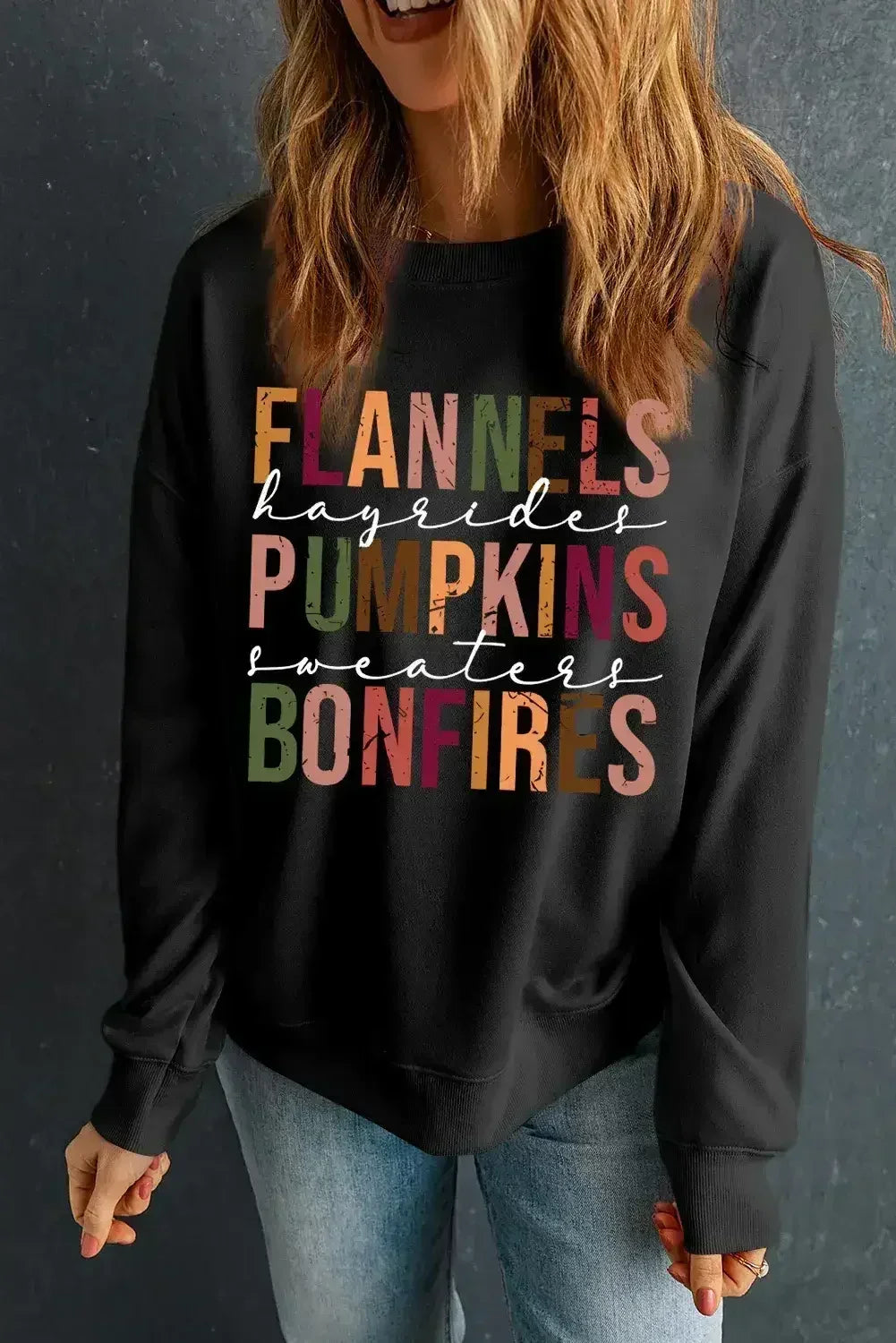 Black FLANNELS PUMPKINS BONFIRES Graphic Sweatshirt