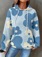 Floral Print Textured Drawstring Hoodie THRIXINE