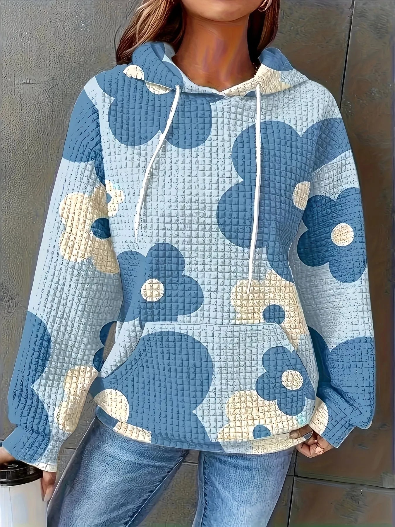 Floral Print Textured Drawstring Hoodie THRIXINE