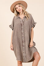 Mineral Wash Cotton Gauze Mini Shirt Dress For Women – Casual, Relaxed Fit with Charming Ruffle Sleeves and Practical Pockets Stevvex