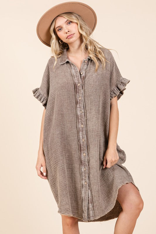 Mineral Wash Cotton Gauze Mini Shirt Dress For Women – Casual, Relaxed Fit with Charming Ruffle Sleeves and Practical Pockets Stevvex