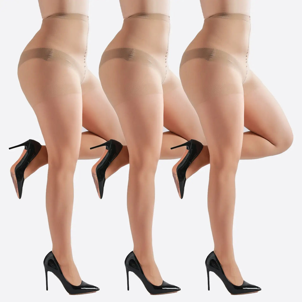 3 Pairs Plus Size Womens Sheer Tights 20D High Waist Control Top Pantyhose With Reinforced Toes - SJB-DIAMOND ELITES