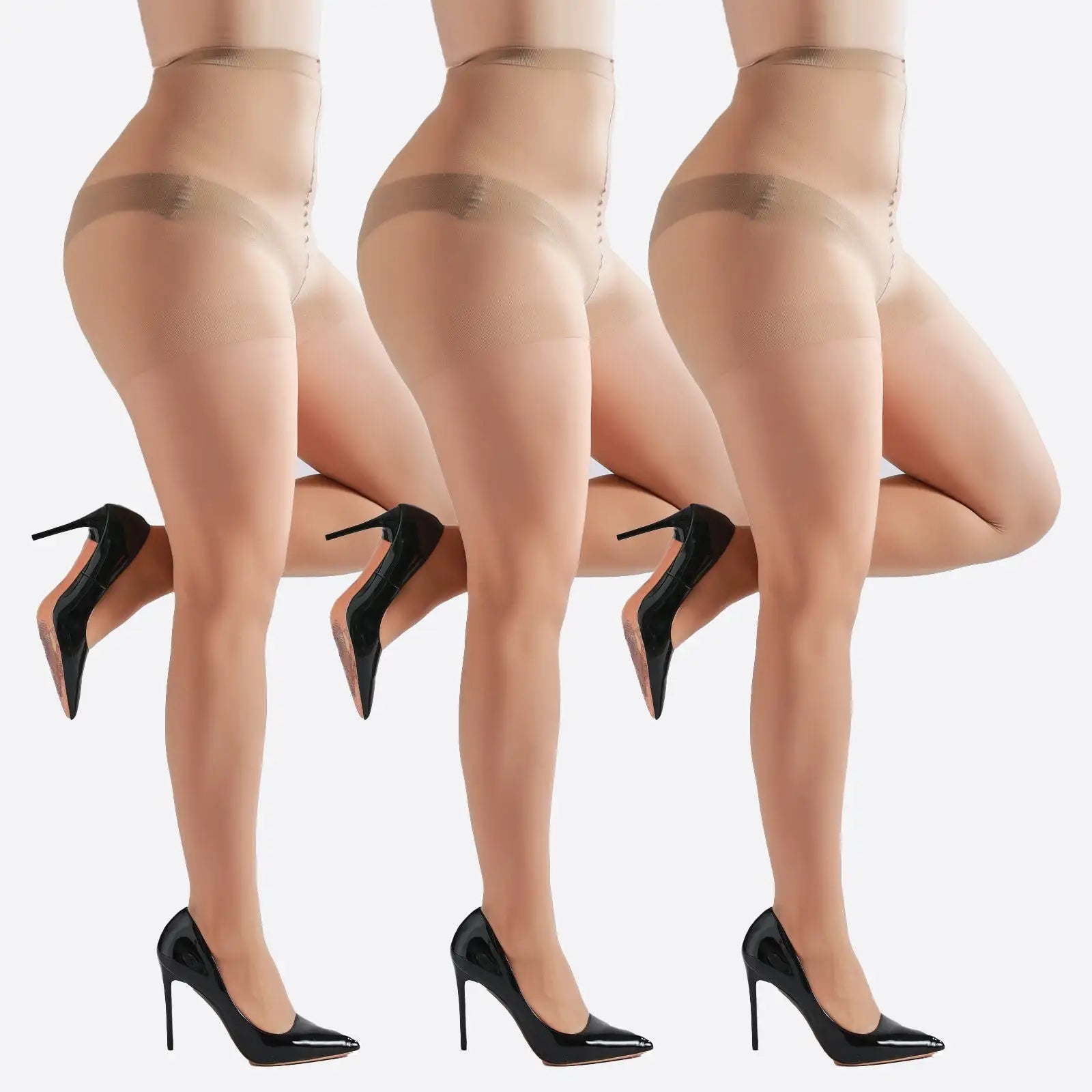 3 Pairs Plus Size Womens Sheer Tights 20D High Waist Control Top Pantyhose With Reinforced Toes - SJB-DIAMOND ELITES