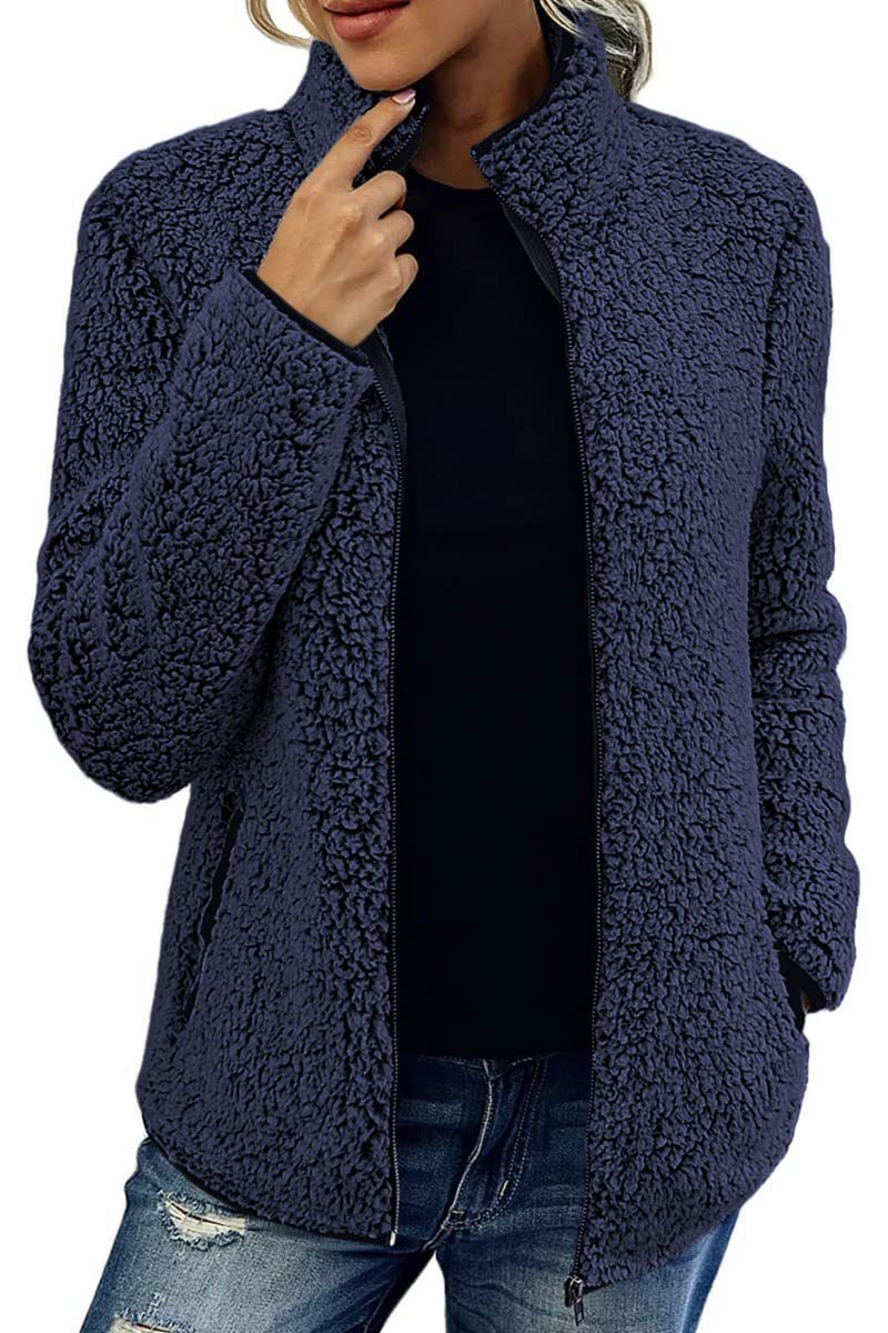 Fall Winter Warm Sweatshirt Stand Collar Solid Color Top Sweater Women's Casual Fashion Long Sleeve Zipper Bubble Velvet Coat Tops Pi-Mart