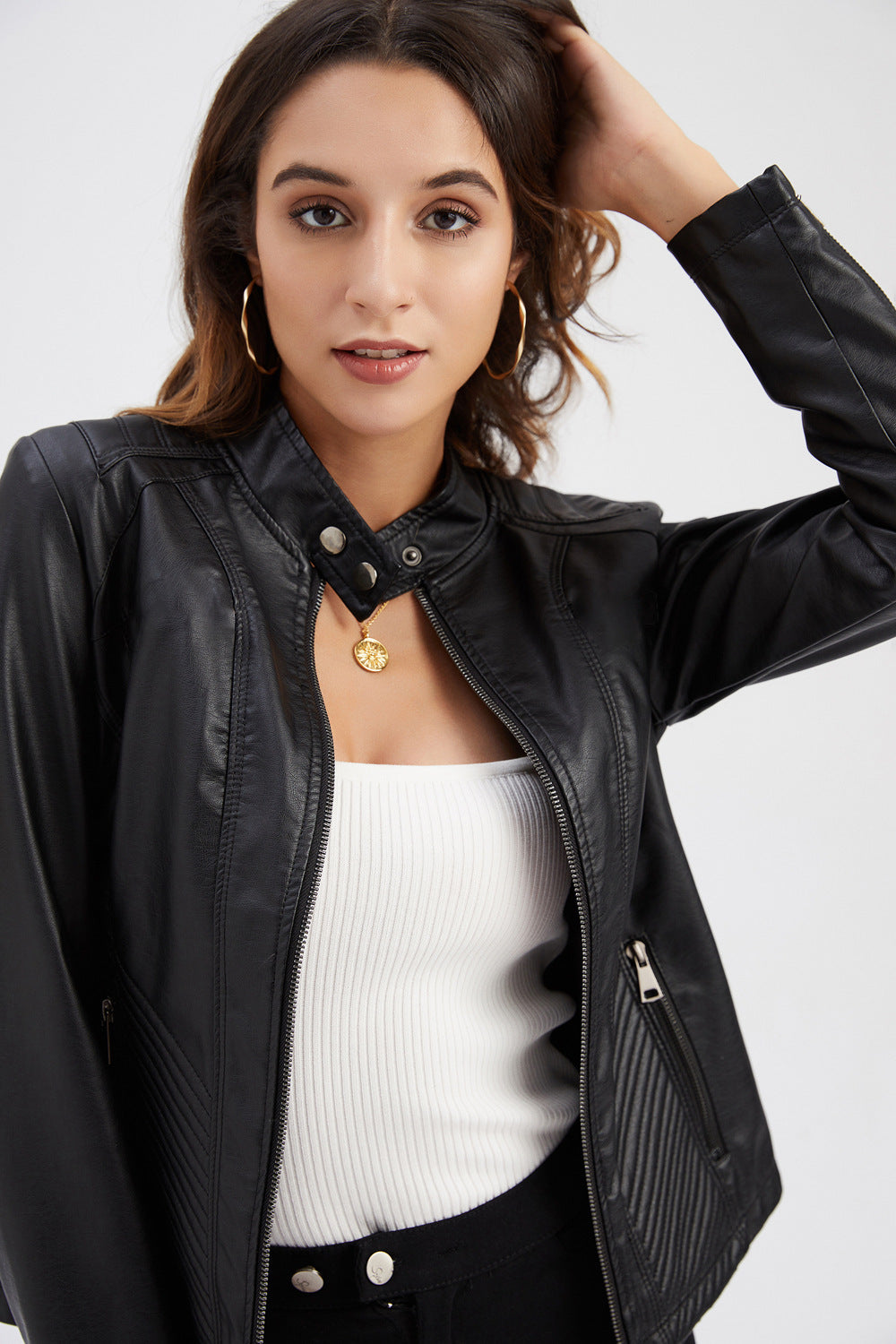 Simple European And American Trend Thin Coat Long Sleeve Motorcycle Jacket Women Pi-Mart