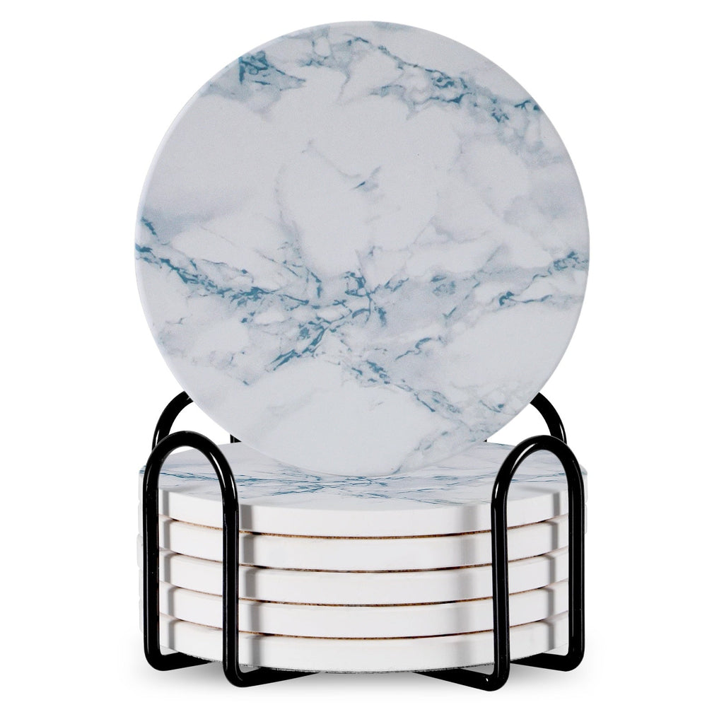 Set Of 6 Beverage Coasters With Stand Round 4in Ceramic Coaster With Metal Stand Absorbent Marble Stone Coaster With Cork Base Pi-Mart